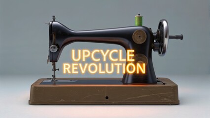 Circular Fashion: Upcycling for Zero Waste Concept, Vintage sewing machine featuring cloth made from plastic, showcasing unique craftsmanship and sustainable materials.