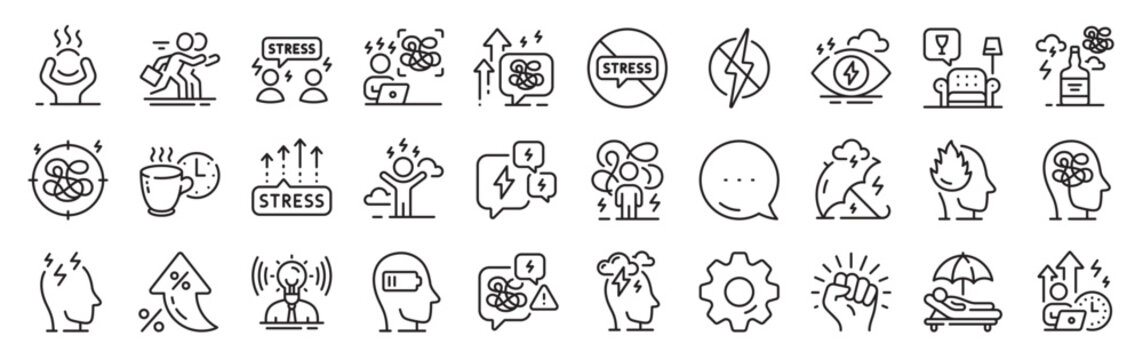 Stress line icons. Settings gear, Message, Inflation icons. Mental health, depression and confusion thoughts. Frustrated man, negative mood, panic fear outline icons. Vector