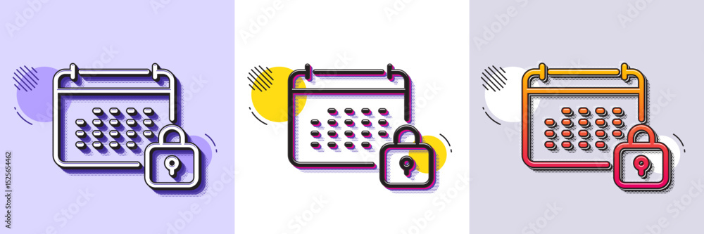 Poster calendar locked line icon. halftone dotted pattern. gradient icon with grain shadow. annual planner 