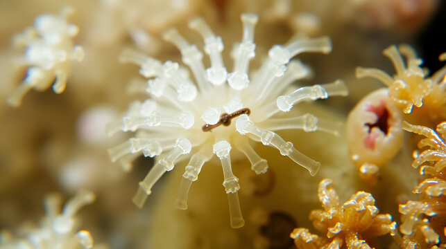 Colony crustacea mysida Mysis oculata close up, Mysidae family. Filter out small particles suspended in water. White sea
