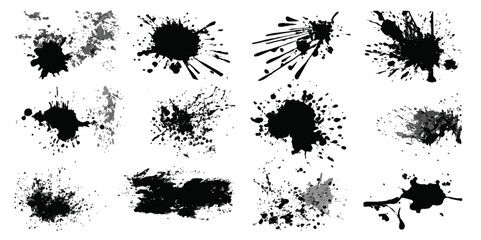Abstract Black and White Ink Splats Creating a Grunge Effect . Black ink splatters on a white background. Suitable for graphic design projects or as a background for text or images