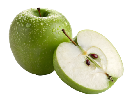 Fresh and healthy green apple halves with a crisp white background