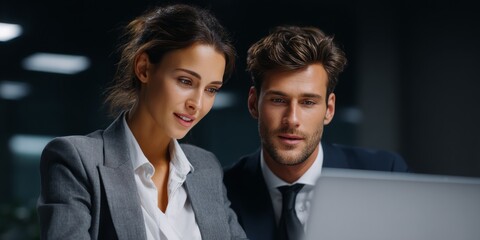 Two young business people working on a laptop.