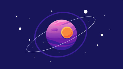 Vector illustration depicting a colorful galaxy with orbiting paths and scattered celestial dots