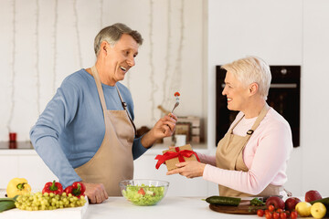 Senior Wife Giving Gift To Husband Surprising Him On Birthday Celebrating Holiday Together Standing In Modern Kitchen At Home. Aged Spouses Congratulating Each Other. Family Holidays And Presents