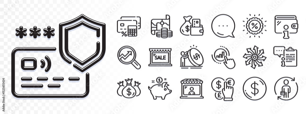 Poster graph chart, wallet and versatile line icons for web app. glare of light effect. message icon. pack 