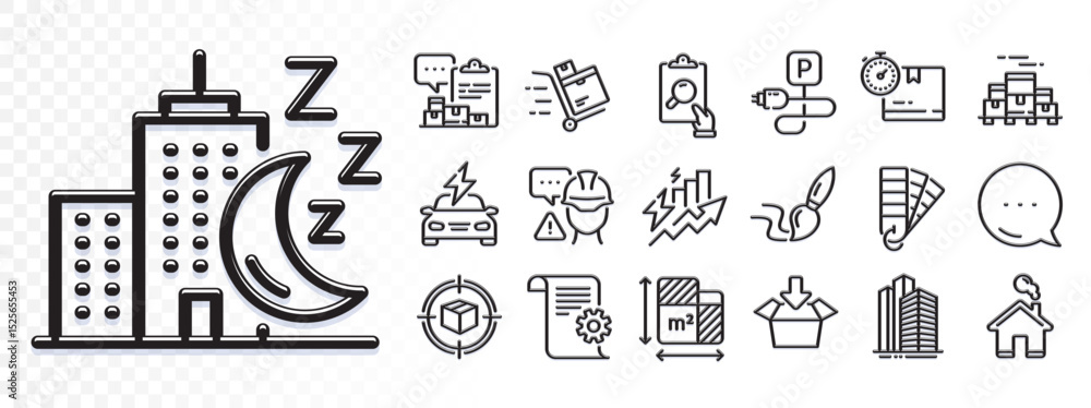 Poster cardboard box, inspect and brush line icons for web app. glare of light effect. message icon. pack o