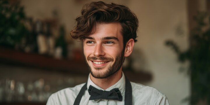Smiling male chef in professional attire serving food, exudes warmth and culinary expertise