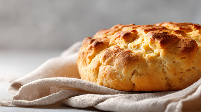 Traditional bannock bread, golden and rustic, served on a light neutral background with open space on the left for text