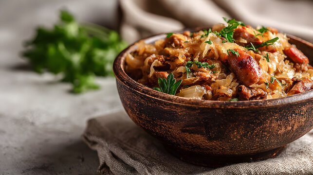 Traditional Polish bigos stew with sauerkraut, sausage, and tender meat in a rustic bowl on a light neutral background