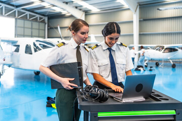Female pilots using laptop in hangar with airplane