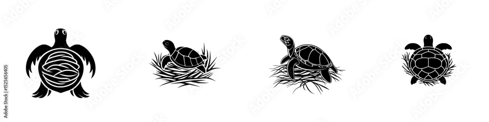 Poster icon set featuring various turtle designs in black and white suitable for multiple creative projects