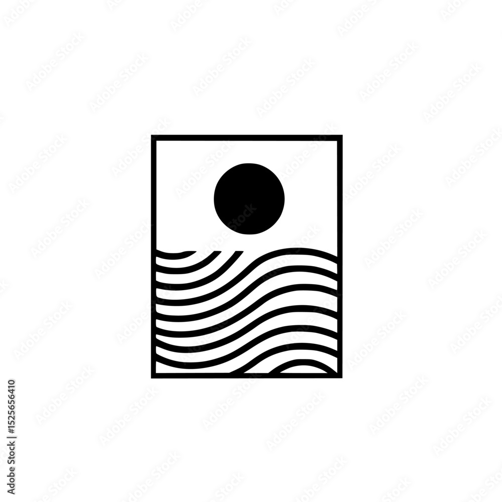 Poster modern icon set featuring a simple sun and wave design ideal for minimalist branding and creative pr