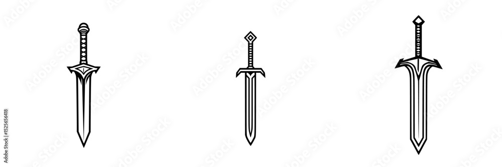 Poster icon set of three detailed sword designs for fantasy art or game projects featuring different styles
