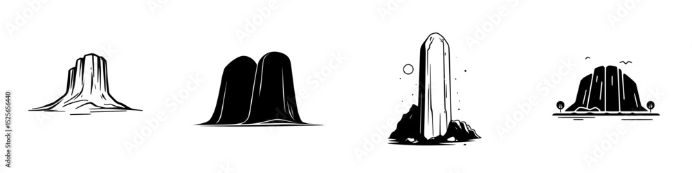 Poster icon set showcasing various mountain and rock formations in minimalist line art style for design pro