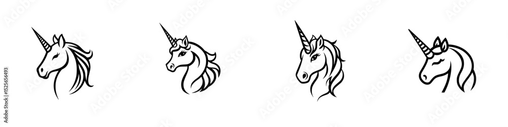 Poster collection of unicorn head icons showcasing various styles and designs on a white background