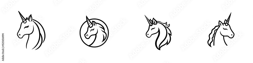 Poster icon set featuring various unicorn designs with different styles and details for versatile use in cr