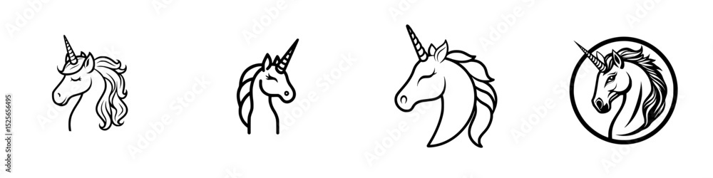 Poster collection of unicorn icons showcasing various designs and styles for creative themes and projects