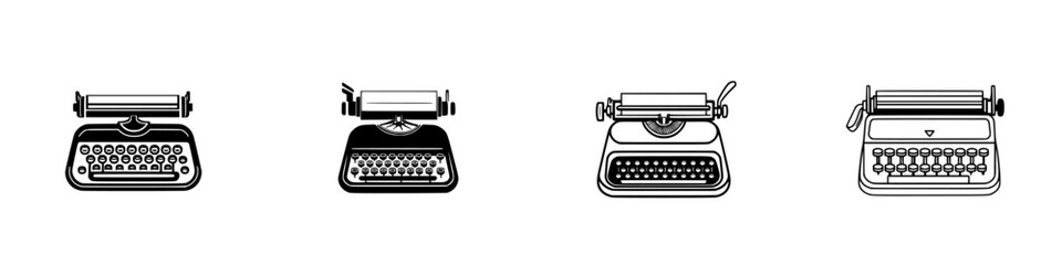 Different styles of vintage typewriters represented in a sleek icon set for graphic design and art projects