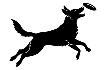 Dog Catching a Frisbee Mid Air Vector Silhouette on White Background