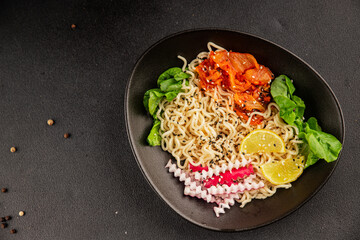 Noodle Bowl vegan fresh delicious gourmet food background on the table rustic food top view copy space keto and paleo diet vegan and vegetarian food