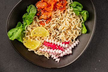 Noodle Bowl vegan fresh delicious gourmet food background on the table rustic food top view copy space keto and paleo diet vegan and vegetarian food