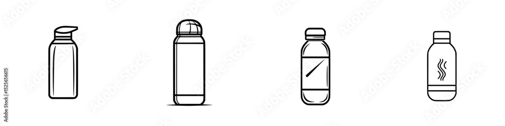 Poster different types of water bottle icons in a simple line art style showcasing various designs and feat