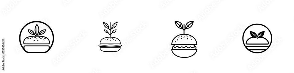 Poster collection of simple icons showcasing different styles of burgers with plant elements in a minimalis