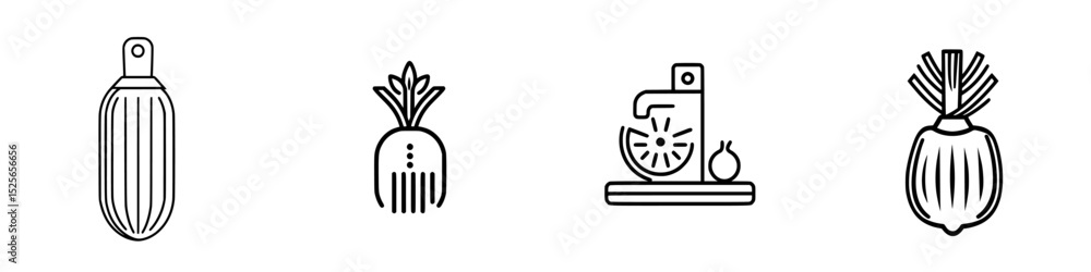 Poster collection of minimal line icons representing fruits and juice extraction tools with pineapples and 