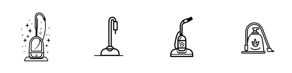 Obraz premium Icon set featuring various designs of vacuum cleaners in simple line art style suitable for modern applications