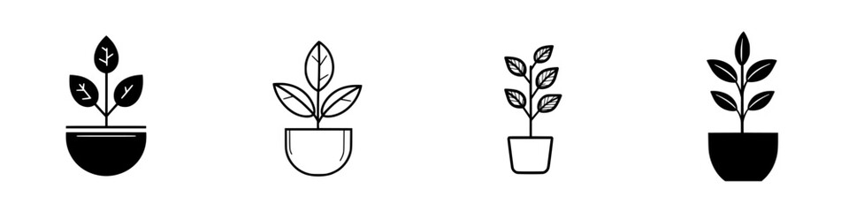 Collection of plant icons depicting various styles of leafy plants in simple pots