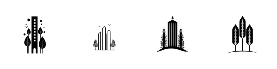 Naklejka premium Icon set featuring trees, buildings, and natural elements designed for urban and environmental themes