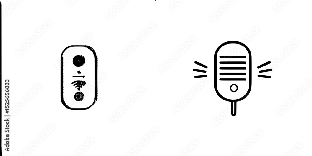 Poster icon set featuring a sound control panel and a microphone designed for digital use in audio applicat