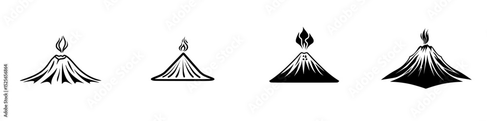Poster icon set showcasing various volcano designs featuring distinct shapes and textures in black and whit