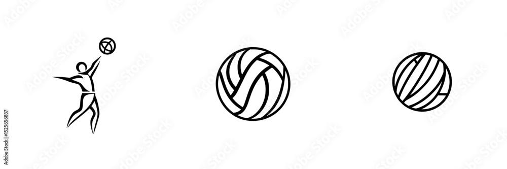 Poster icon set featuring various representations of volleyball actions and balls designed for digital appl