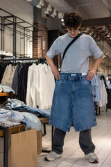 Teenager holding shorts while shopping in clothing store. Young customer shopping trendy casual...