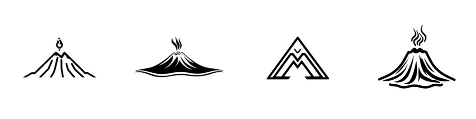 Diverse volcanic icon set showcasing various styles of volcanic eruptions and geographical features in minimalist design
