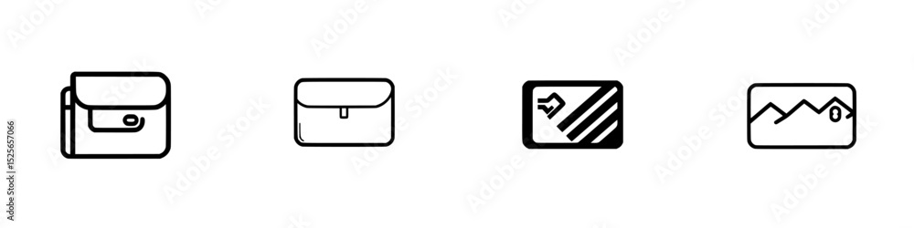 Poster icon set featuring illustrative designs of various wallet types and credit card elements for digital