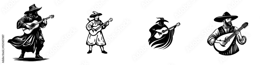 Poster icon set featuring musicians playing string instruments in various styles and poses, illustrating di