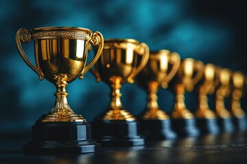 Gold trophies in a row against a teal backdrop