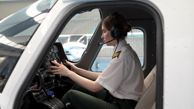 Professional female pilot adjusting headset, performing preflight checks inside aircraft cockpit, preparing for imminent departure with focused concentration