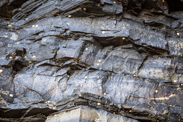 Iconic natural rock formations of Playa de las Catedrales beach in Ribadeo, Lugo, Galicia, Spain, captured during low tide. A breathtaking seascape with caves and arches.