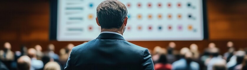 A business executive presenting data on a projector screen, Leadership, Focused and strategic
