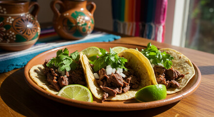 Three beef tacos in corn tortillas topped with fresh cilantro, onion