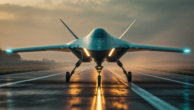 A futuristic drone gleaming on a wet runway at sunset, showcasing innovation and design.