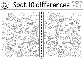 Black and white find differences game for children. Fairyland activity with landscape with acorn fairy, tree house. Magic forest puzzle for kids. Fairytale printable worksheet, coloring page