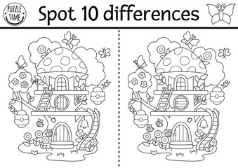 Black and white find differences game. Fairyland educational activity with fairy bug tree house. Magic forest puzzle for kids. Fairytale line printable worksheet, coloring page with fantasy home