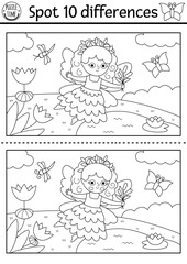 Black and white find differences game. Fairyland educational activity with swamp fairy landscape. Magic forest puzzle for kids. Fairytale line printable worksheet, coloring page with fantasy girl