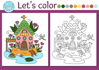 Fairyland coloring page with cute swamp fairy house. Vector magic forest outline illustration. Color book for kids with colored example. Fairytale fantasy drawing skills printable worksheet