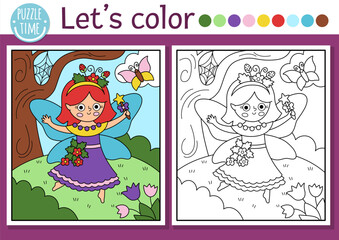 Fairyland coloring page with cute berry fairy and magic forest landscape. Vector outline illustration. Color book for kids with colored example. Fairytale fantasy drawing skills printable worksheet